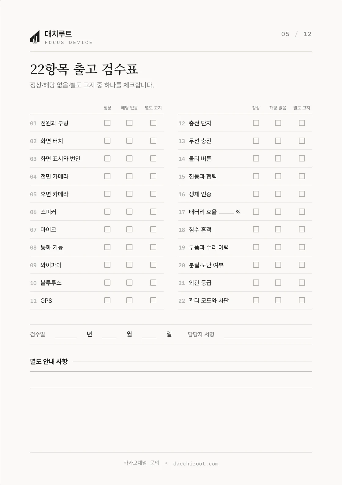 화면·통화·카메라·배터리 등 22개 항목을 정상·해당 없음·별도 고지로 표시하는 출고 검수표