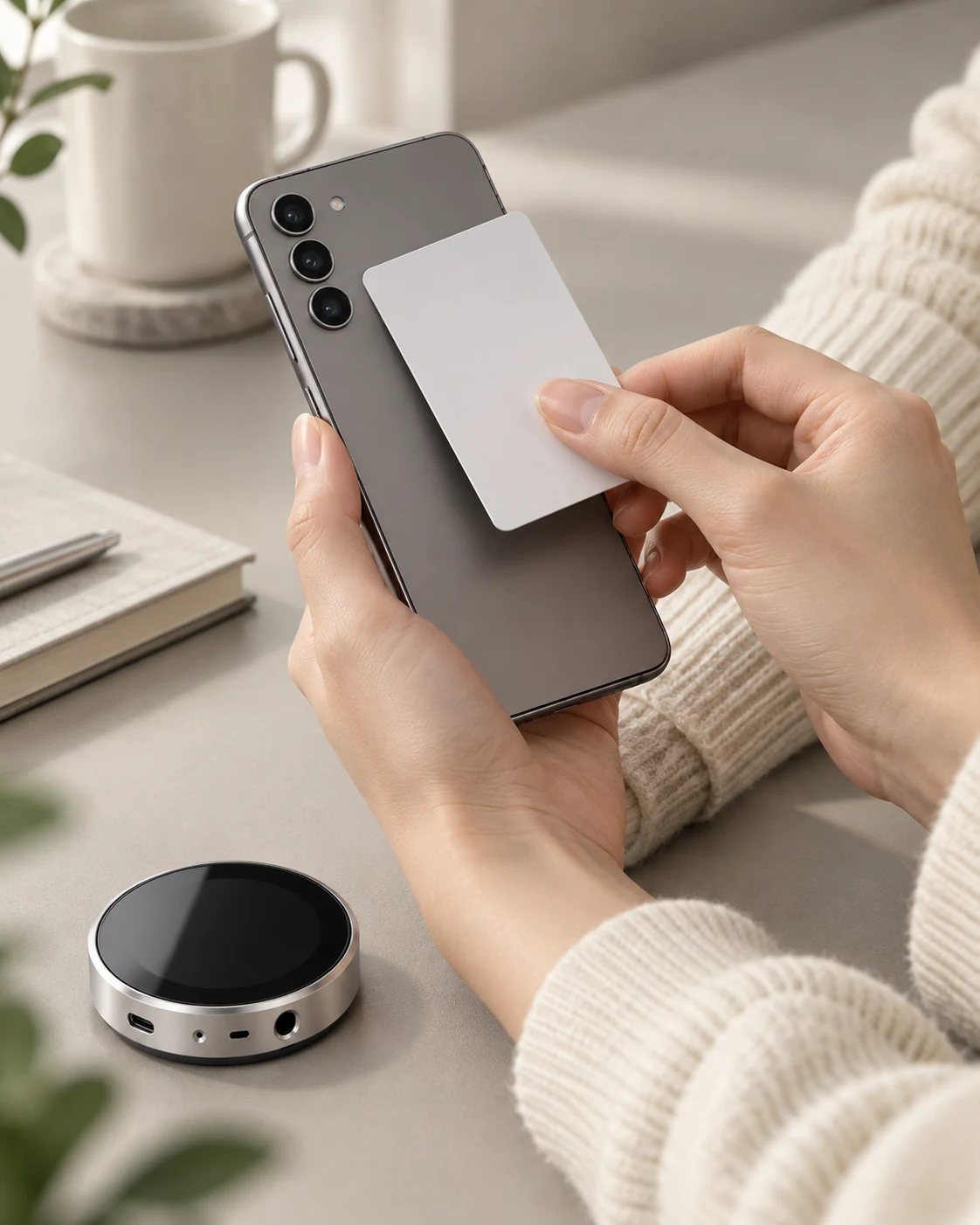 휴대폰 뒷면에 관리자 보안카드(NFC)를 댄 장면, 책상 위에 집중 USB
